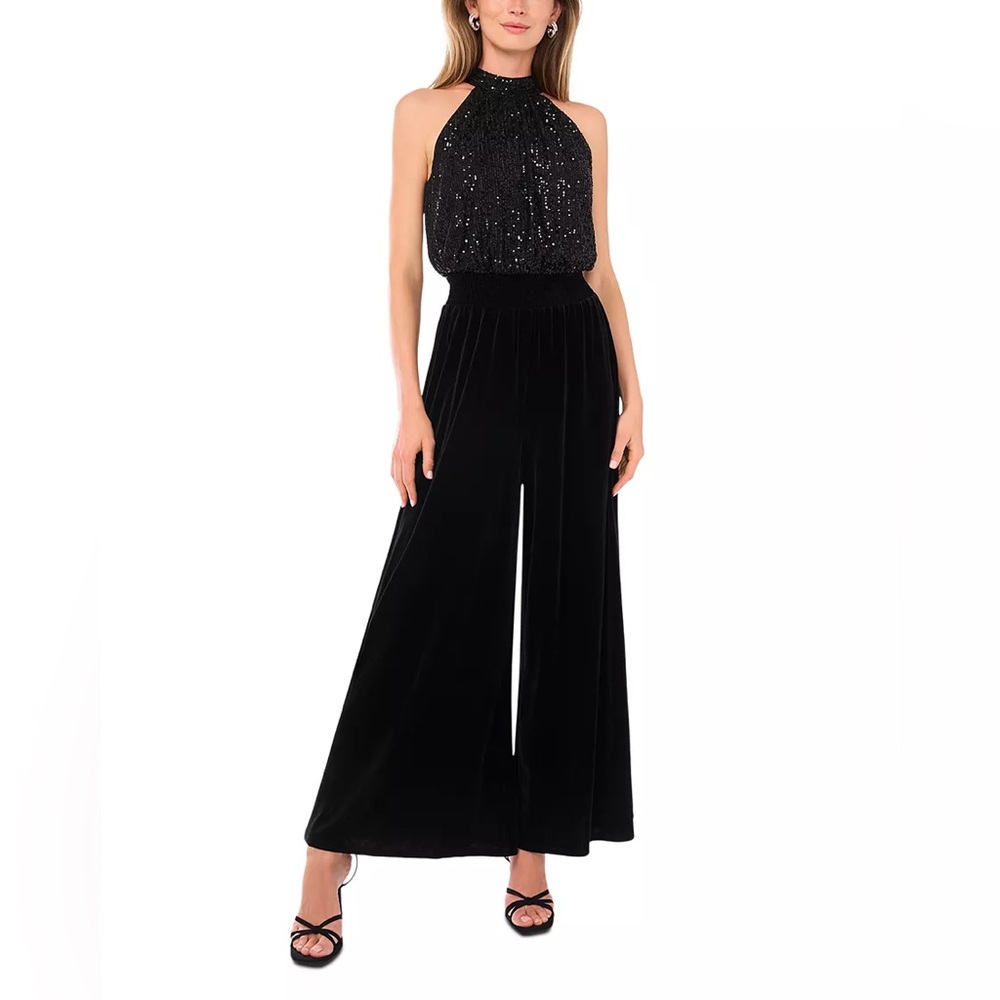 NEW - Vince Camuto Black Sequin Halter Wide Leg‎ Velvet Jumpsuit, Size M
